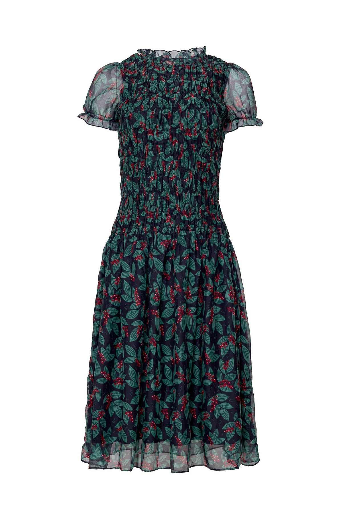 Ivy City Co Hayden Dress in Berries, a mid-length dress with short ruffled sleeves and a smocked bodice, featuring a dark blue print of green leaves and red berries.