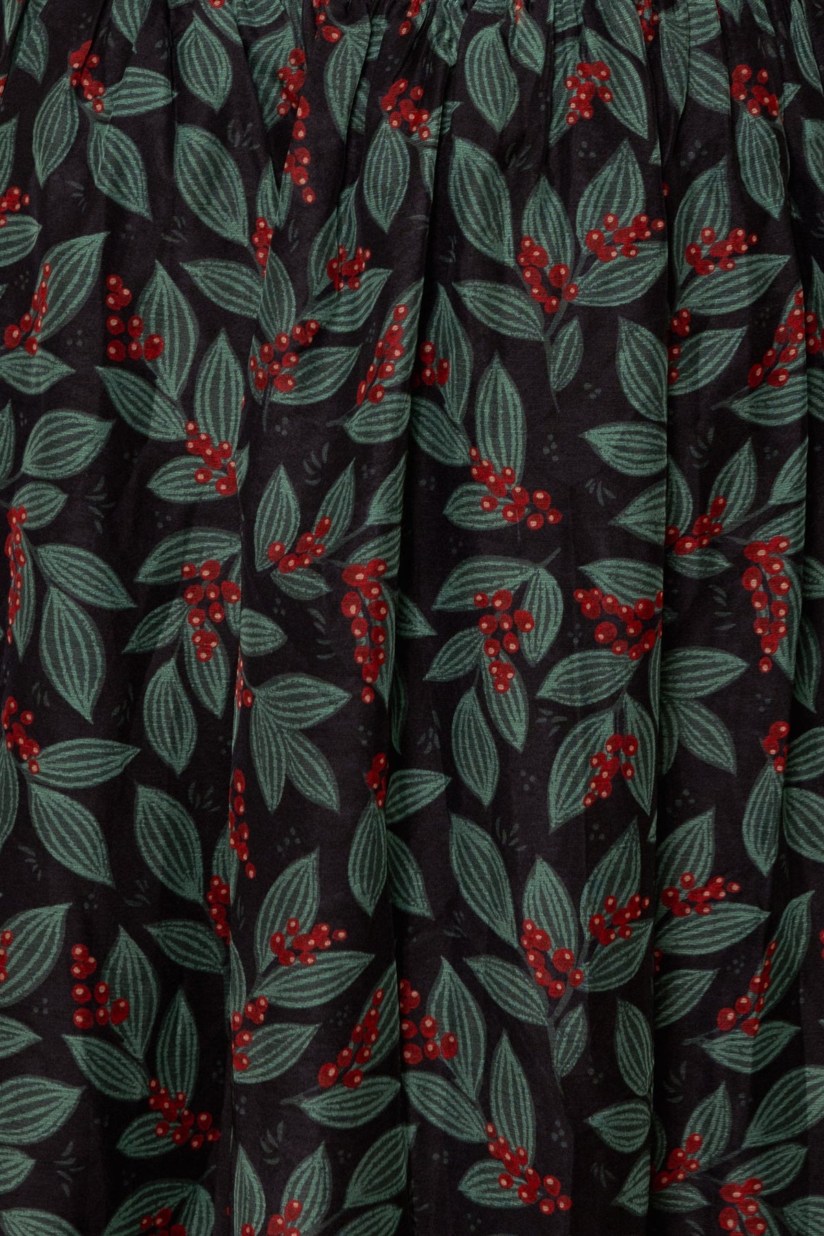 Ivy City Co Hayden Dress in Berries featuring a smocked bodice with clusters of red berries and green leaves on a dark background.