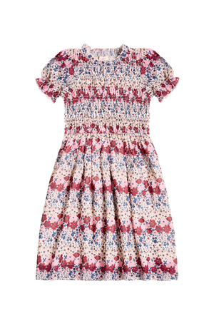 Floral dress with red and blue pattern on a white background