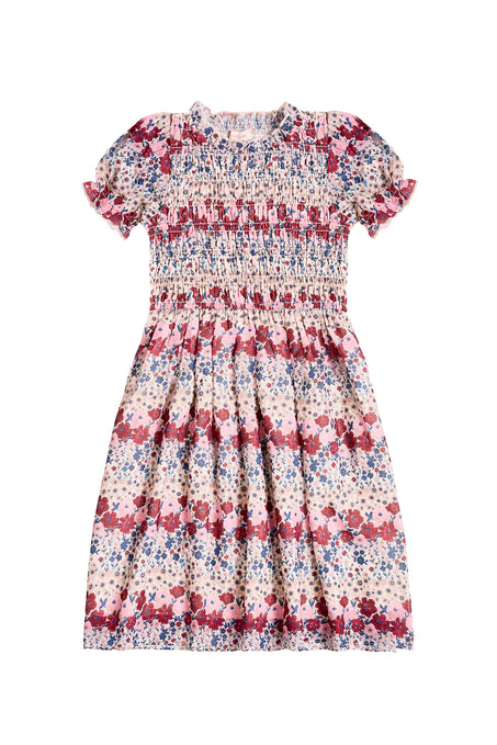Floral dress with red and blue pattern on a white background