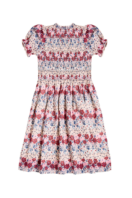 Floral dress with red and blue pattern on a white background