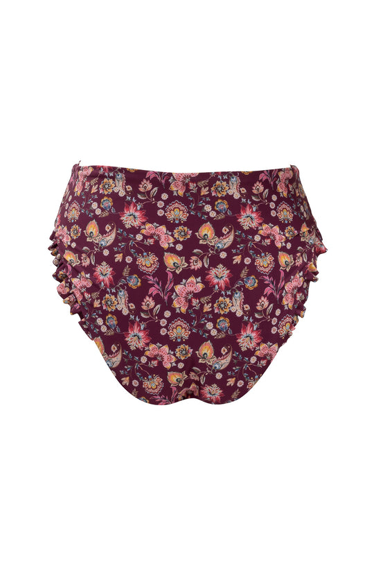 The High Waist Ruffle Bottom in Stephanie Floral by Ivy City Co features a maroon base, colorful floral pattern, and delicate ruffle detailing along the side seams.