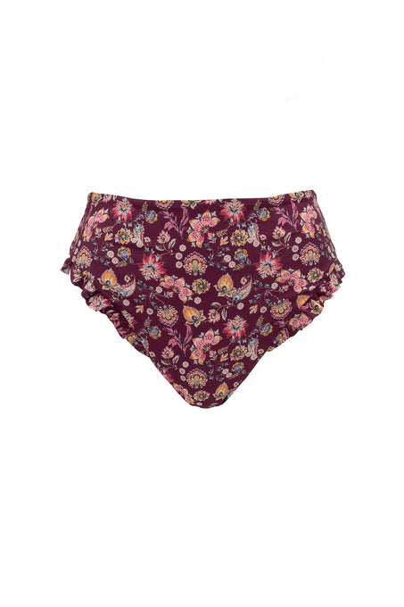 The Ivy City Co High Waist Ruffle Bottom in Stephanie Floral features a maroon base with a vibrant floral pattern and ruffle edging, shown on a white background.