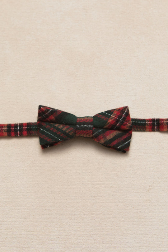 green and red plaid bowtie on a cream background 