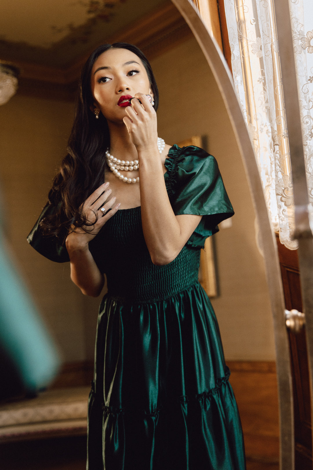 Ellie Dress in Emerald Satin