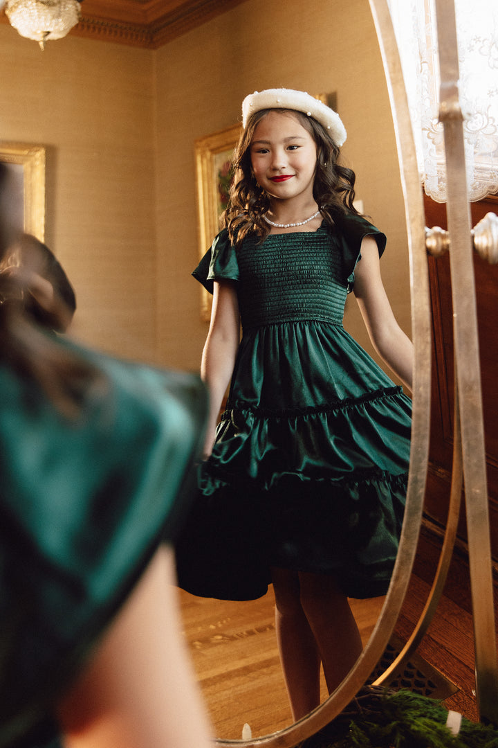 Mini Ellie Dress in Emerald Satin