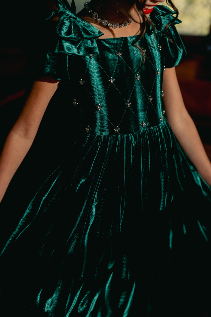 Mini Tiara Dress in Green Velvet