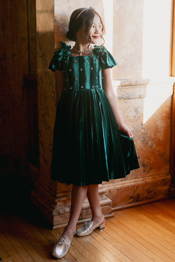 Mini Tiara Dress in Green Velvet