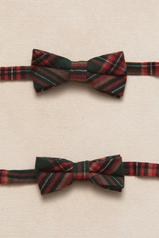 Two plaid bow ties on a beige background