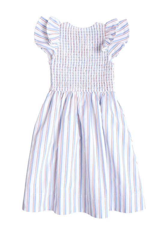Welcome summer in style with Ivy City Co’s Mini Hattie Dress in Heritage Stripe—a darling children’s dress adorned with blue, pink, and white vertical stripes. Featuring a smocked bodice, ruffled cap sleeves, and a flared skirt, it’s the perfect choice for Fourth of July outings or Mom and Me matching moments.