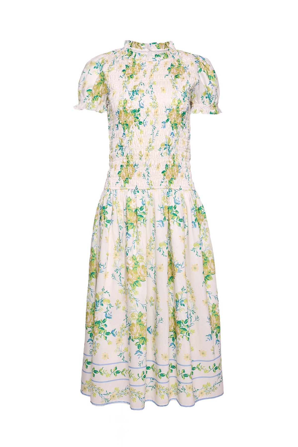 The Jennifer Dress in Garden Tea Party Floral by Ivy City Co is a white, short-sleeved, knee-length dress adorned with a cheerful yellow and green floral pattern. Featuring a fitted bodice, gathered waist, and slightly ruffled high neckline, this maternity-friendly dress is crafted from lightweight fabric for an airy and comfortable fit—making it perfect for warm days and expectant mothers alike.