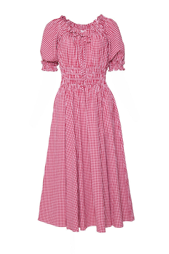 The Jessie Dress in Red Gingham by Ivy City Co features a classic red and white gingham pattern, short puffed sleeves, a smocked waist, ruffled neckline, and a mid-length skirt. Nursing-friendly and designed for comfort at every stage, this dress effortlessly blends timeless style with practicality.