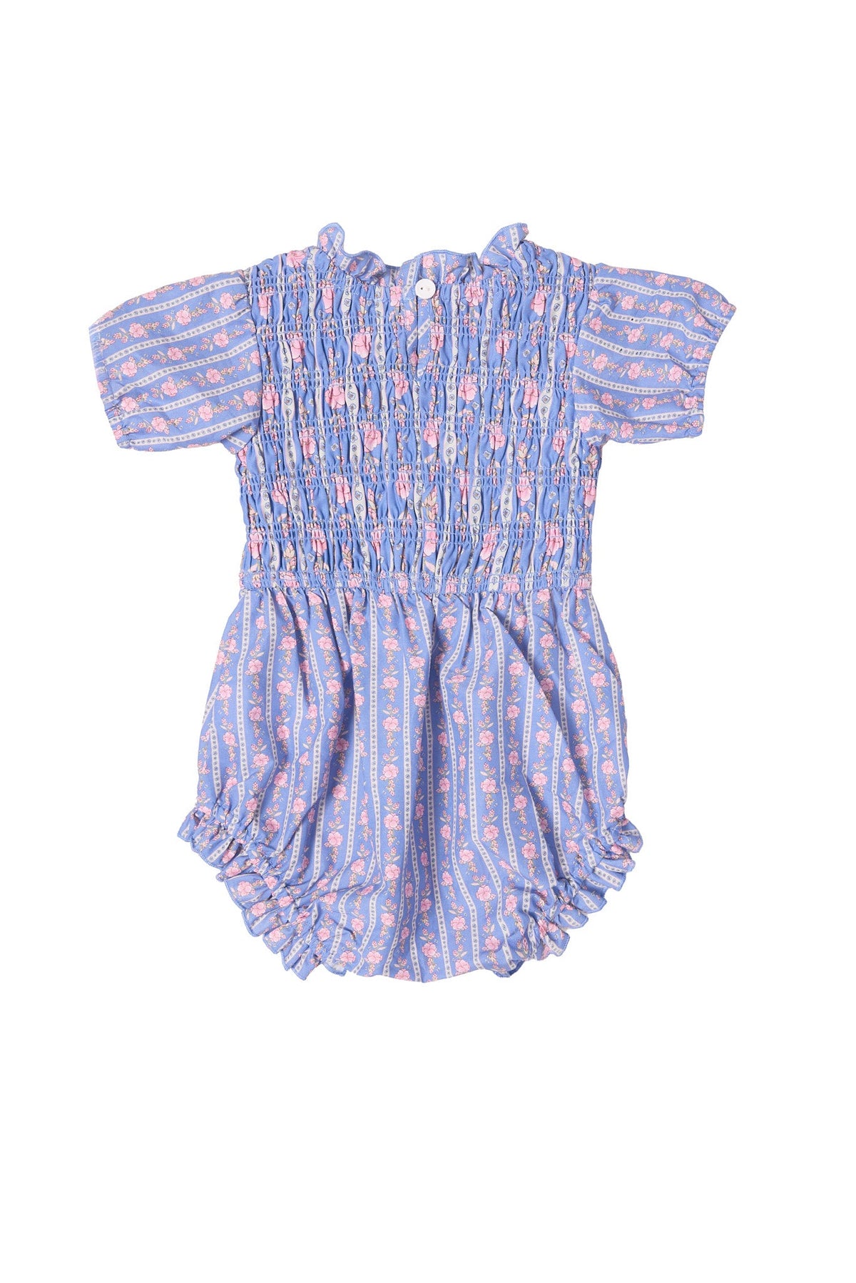 The Baby Mariah Romper in Linear Print by Ivy City Co is a short-sleeved cotton snap romper adorned with blue and pink linear floral patterns. It features a smocked bodice, elastic leg openings, and easy-to-use buttons at the back, making it perfect for stylish comfort.