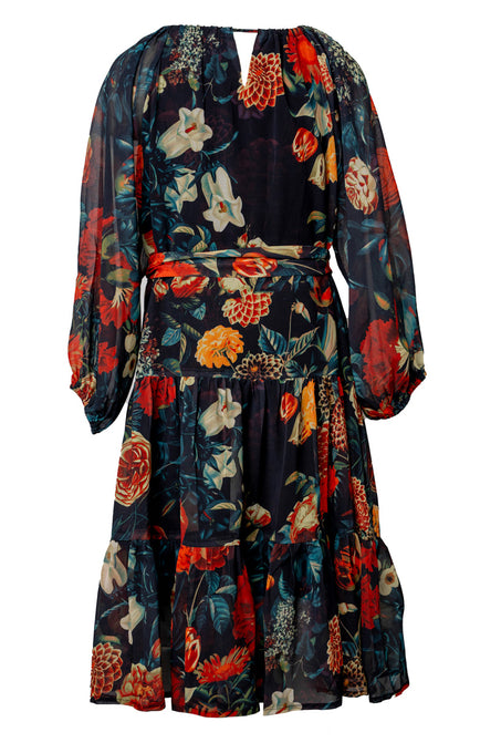 The Mini Imogen Dress in Moody Floral by Ivy City Co is a knee-length, long-sleeved dress with a vibrant red, yellow, orange, and white floral pattern, a flowing fit, and a belted waist for effortless style.