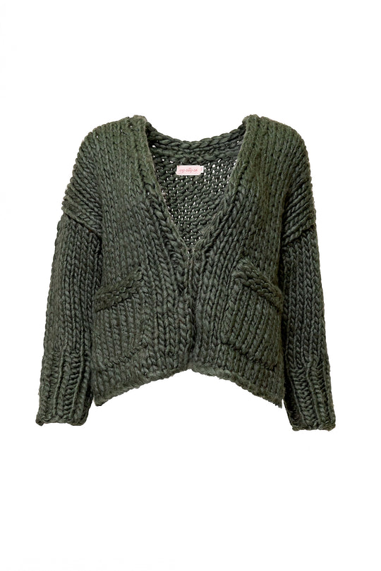green chunky knit cardigan on a white backdrop