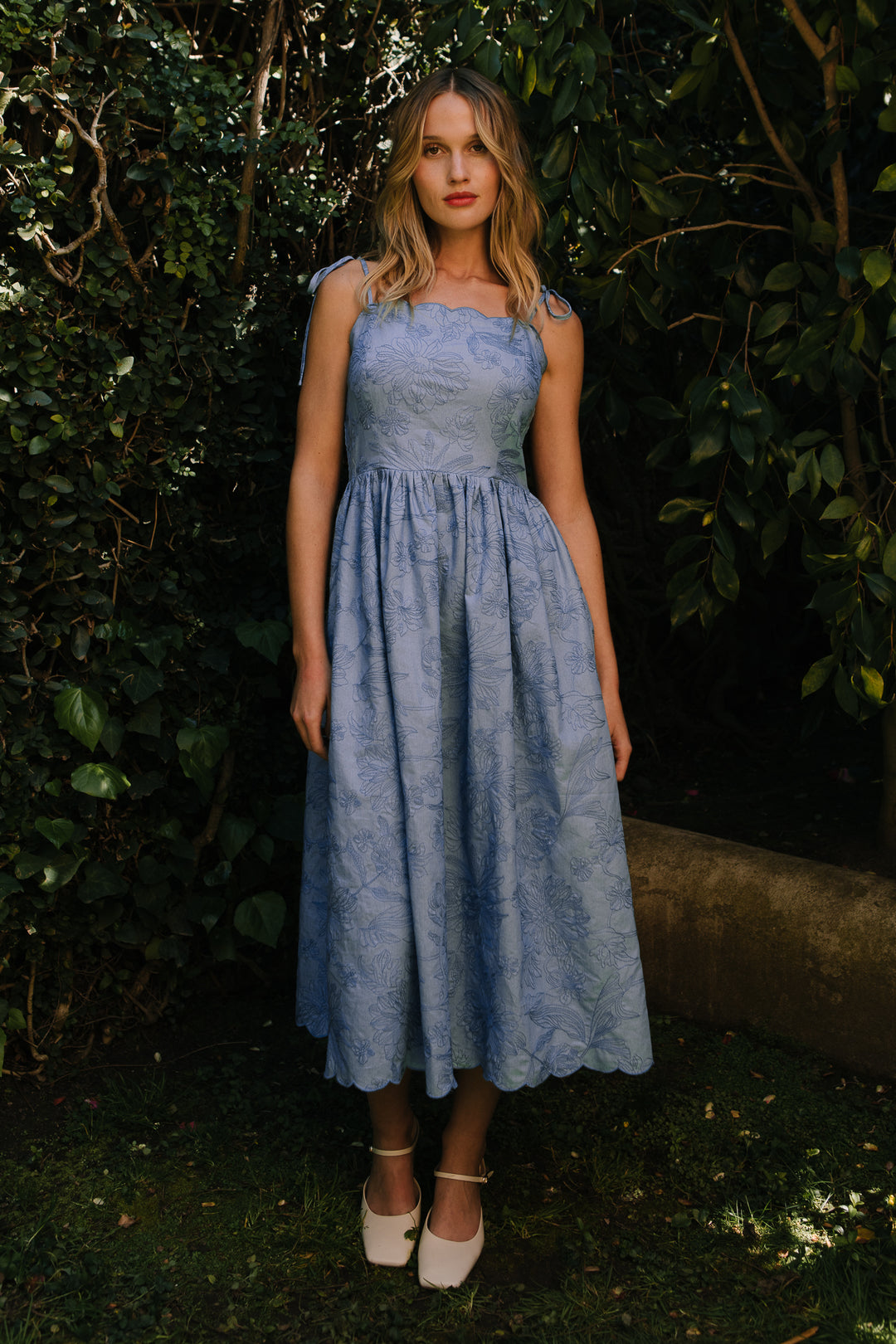 Isla Dress in Floral Embroidered Chambray