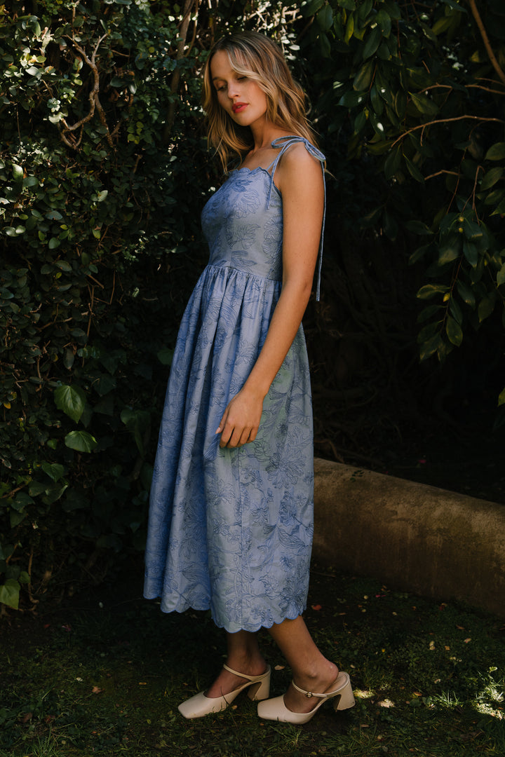 Isla Dress in Floral Embroidered Chambray