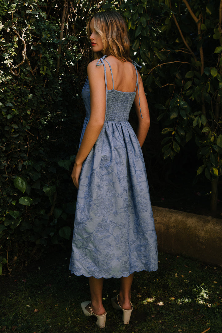 Isla Dress in Floral Embroidered Chambray