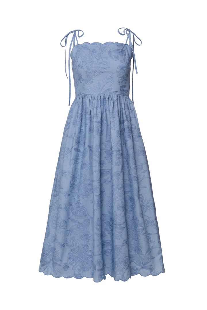 Isla Dress in Floral Embroidered Chambray
