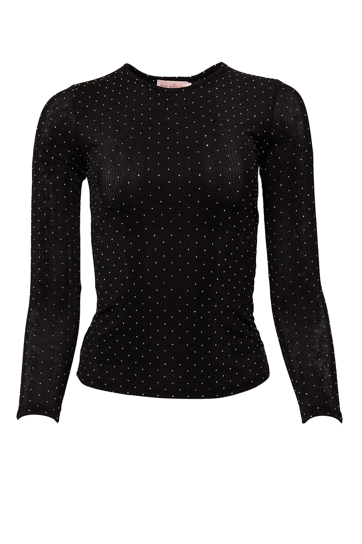 The Bravo Top in Black by Ivy City Co is a women’s long-sleeve fitted top featuring a round neckline and embellished with small, evenly spaced white or silver dots throughout the fabric, shown against a white background.