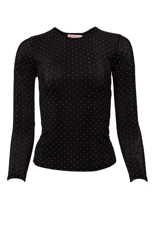 The Bravo Top in Black by Ivy City Co is a women’s long-sleeve fitted top featuring a round neckline and embellished with small, evenly spaced white or silver dots throughout the fabric, shown against a white background.