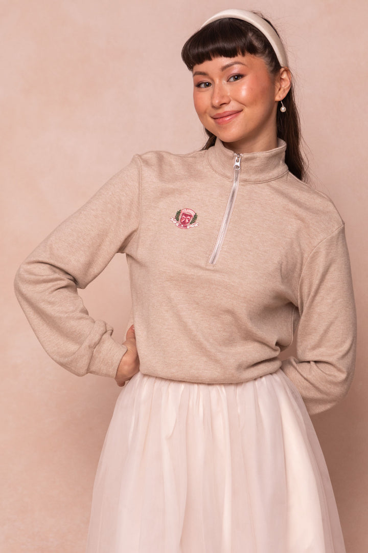 Ivy Half Zip Pullover Embroidered Sweatshirt in Oatmeal