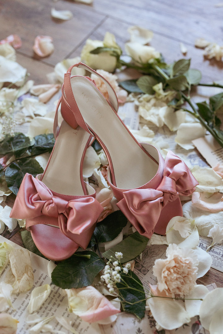 Ivy Bow Heel in Pink Satin