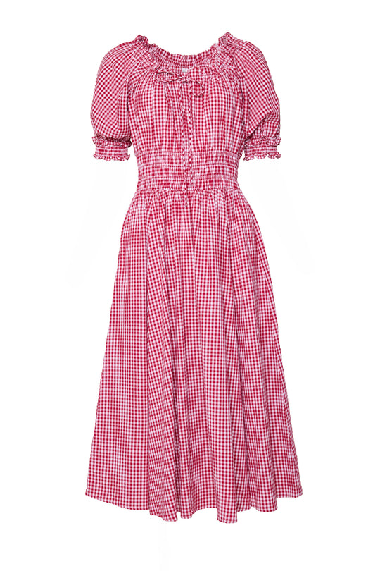 The Jessie Dress in Red Gingham by Ivy City Co is a maternity and nursing-friendly knee-length dress with short sleeves, smocked bodice, ruched neckline and waist, and a flared skirt for comfort and timeless style.