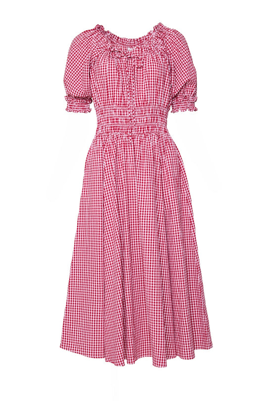 The Ivy City Co Jessie Dress in Red Gingham features short puff sleeves, smocked waist and neckline, a flared knee-length skirt, and is both maternity and nursing friendly for easy comfort and style.