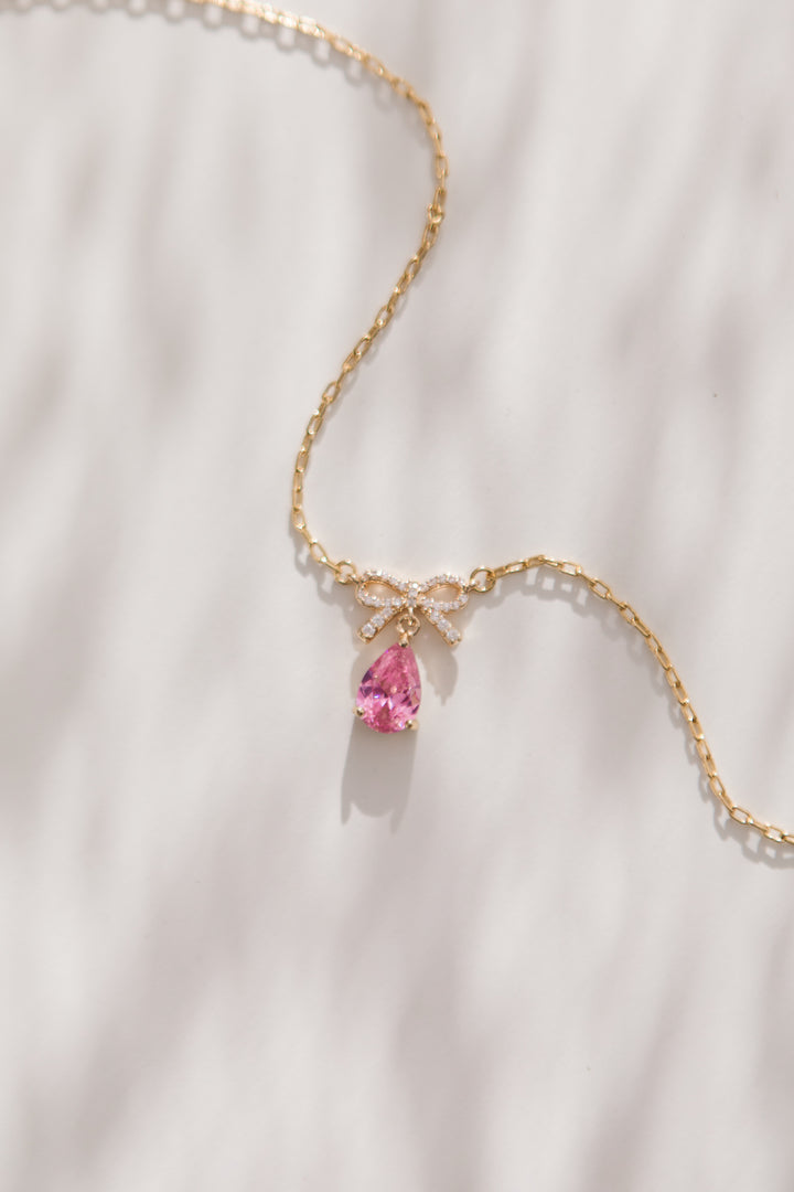 Jewel Bow Tear Drop Necklace in Blush