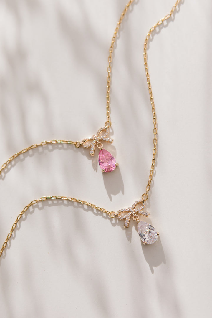 Jewel Bow Tear Drop Necklace in Blush