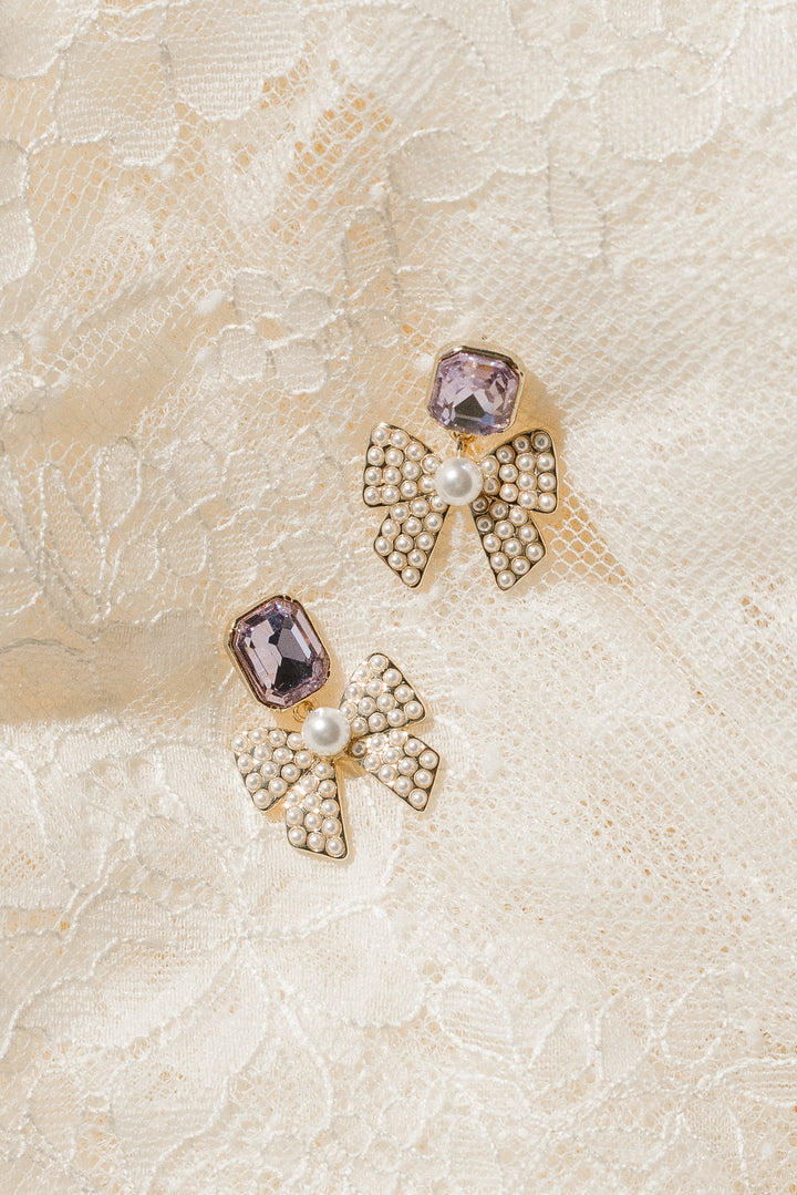 Jewel with Pearl Bow Drop Earrings