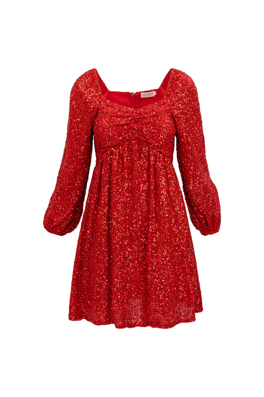 Red sequent dress with long sleeves on a white background