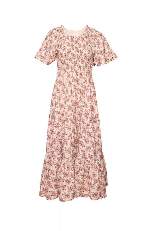 The Jovie Dress in Ivory Heritage Rose by Ivy City Co features a red floral print on a light background, short sleeves, and a ruffled hem—perfect for matching mom and me moments.
