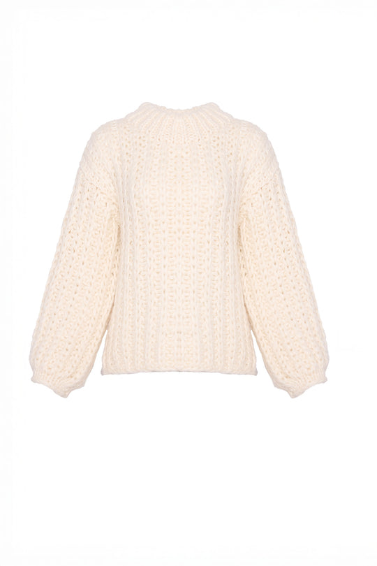 Cream-colored knitted sweater on a white background