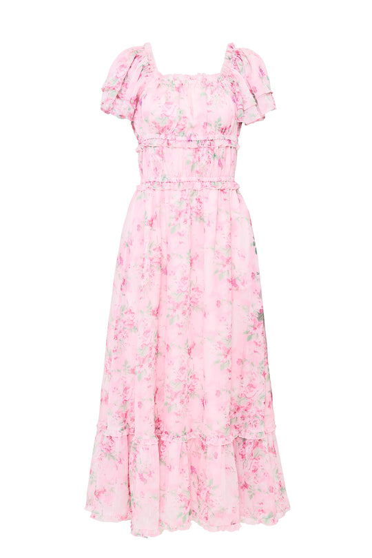 pink floral dress against a white background