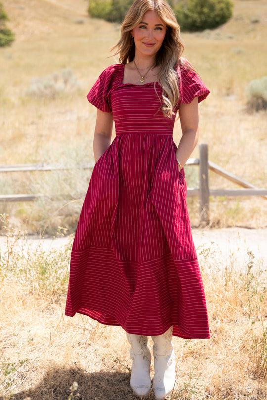Julie Dress in Cranberry Pinstripe