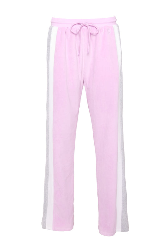 pink, white, and grey sweatpants against a white background