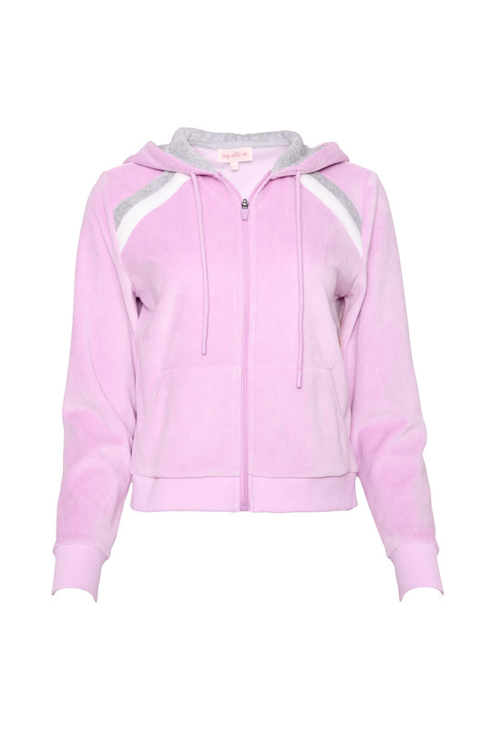 pink, white, and grey sweatshirt against a white background