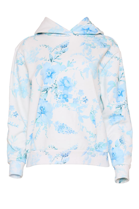 white floral hoodie against a white background