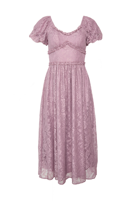 The Ivy City Co Kiara Dress in Hyssop Lace features vintage-inspired dusty purple lace, short puff sleeves, a fitted bodice, and a flowing tea-length skirt.