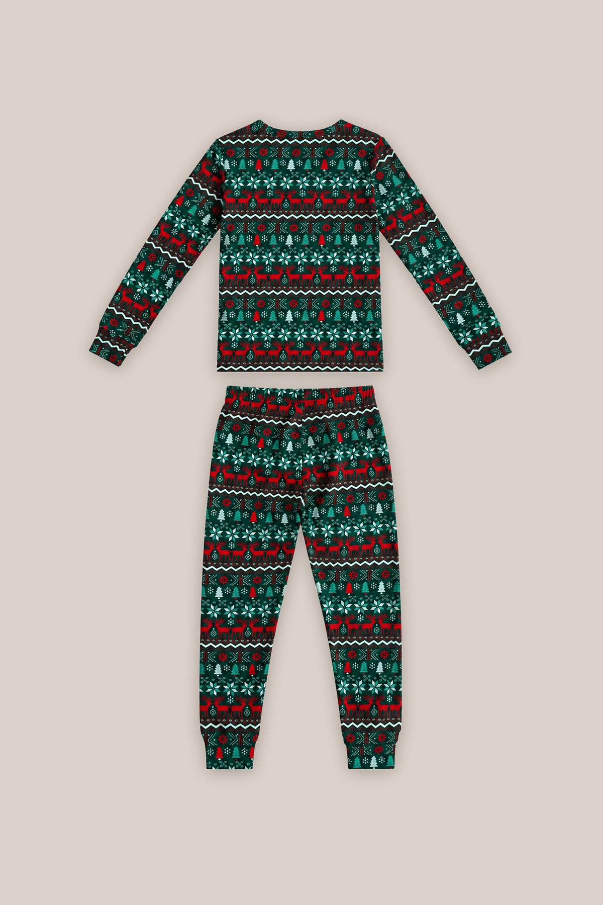 The Kids So Soft Pajama Set in Alpine Noel by Ivy City Co features a festive green, red, black, and white Christmas pattern—perfect for cozy family matching this holiday season.