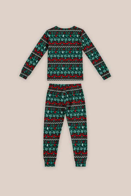 The Kids So Soft Pajama Set in Alpine Noel by Ivy City Co features a festive green, red, black, and white Christmas pattern—perfect for cozy family matching this holiday season.