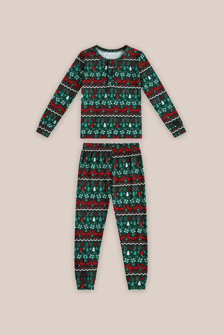 The Kids So Soft Pajama Set in Alpine Noel by Ivy City Co features festive green, red, and white patterns—ideal for holiday photos or matching family pajamas.