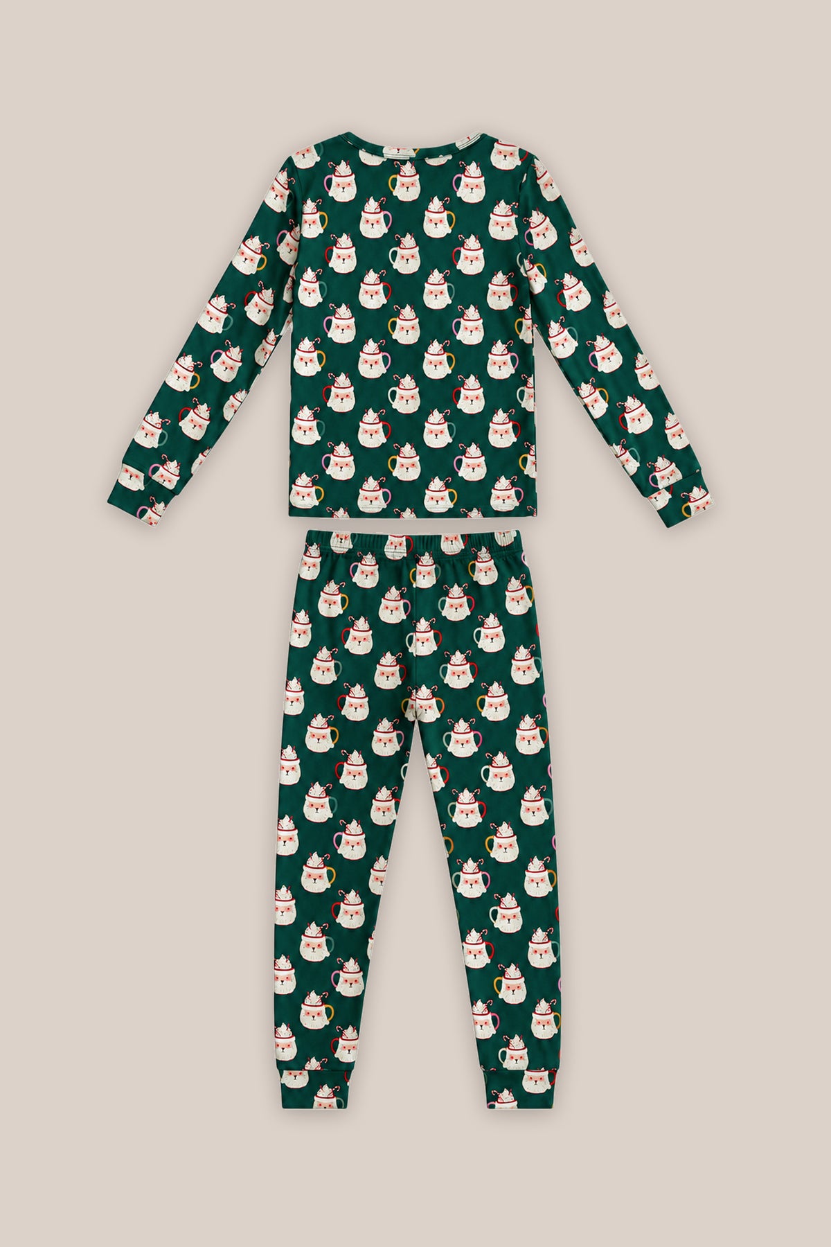 The Kids So Soft Pajama Set in Very Merry Santa by Ivy City Co is perfect for festive nights with its dark green and beige design featuring cartoon Santas—ideal Christmas Eve pajamas.