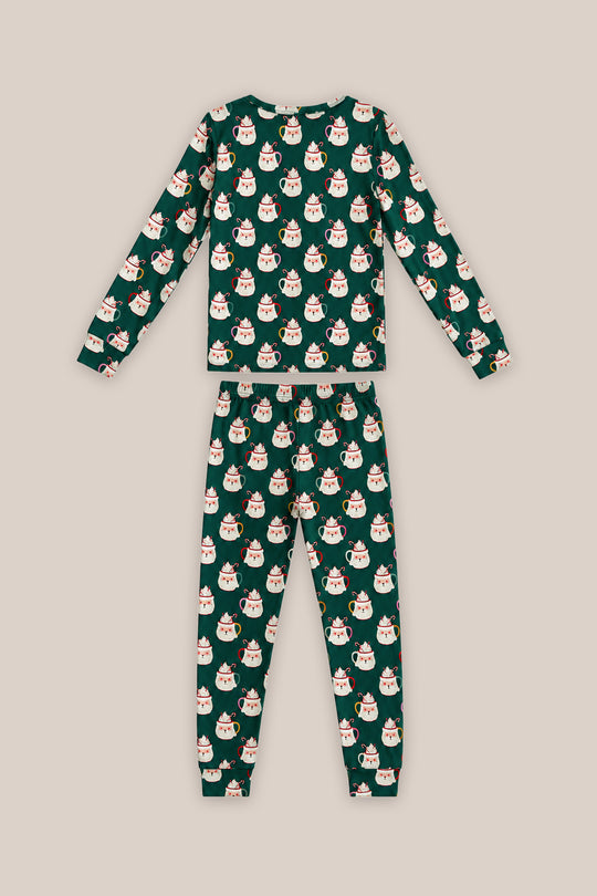 The Kids So Soft Pajama Set in Very Merry Santa by Ivy City Co is perfect for festive nights with its dark green and beige design featuring cartoon Santas—ideal Christmas Eve pajamas.