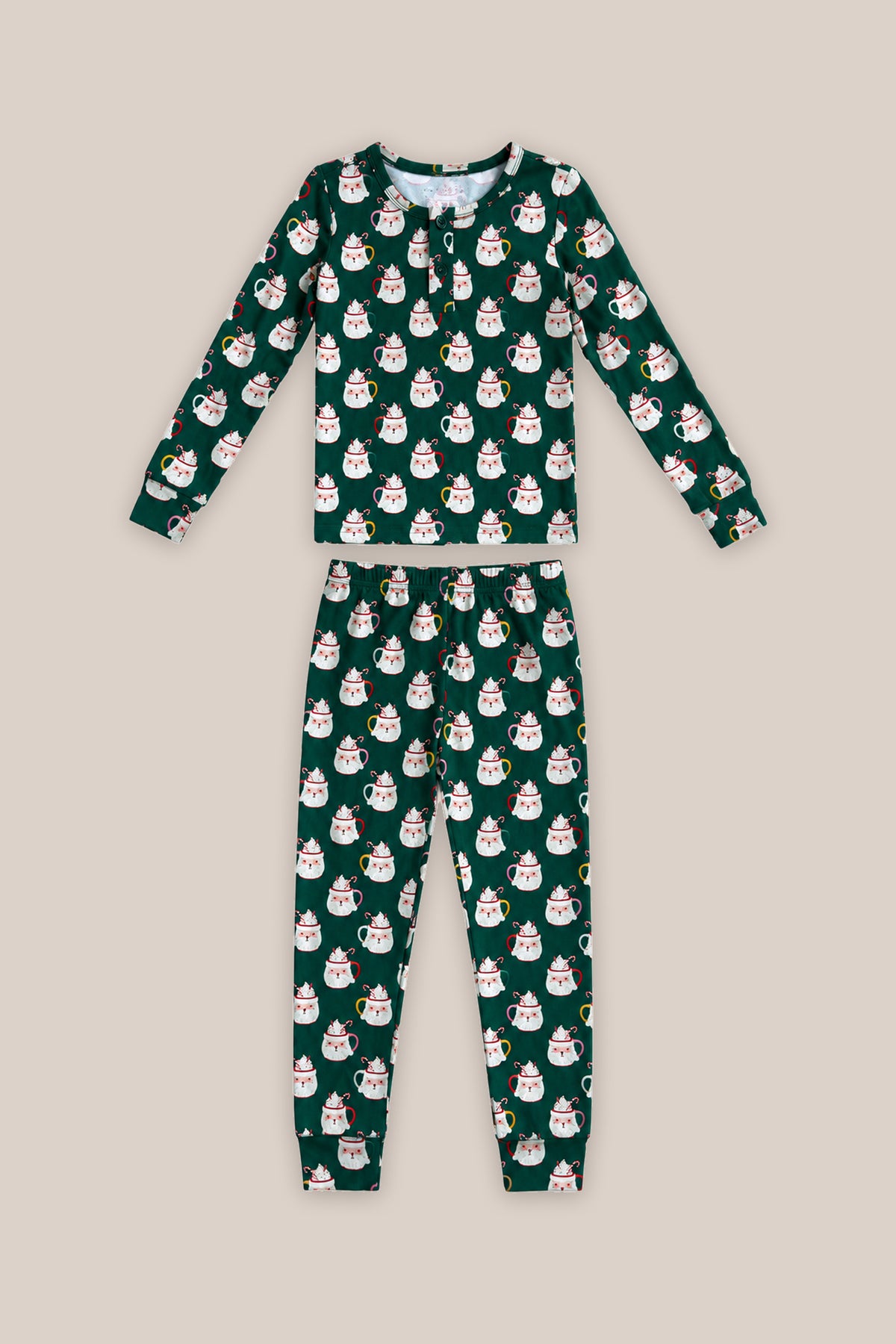Kids So Soft Pajama Set in Very Merry Santa by Ivy City Co: dark green, long sleeves and pants, features white cat faces in red Santa hats—perfect for family matching Christmas Eve pajamas.