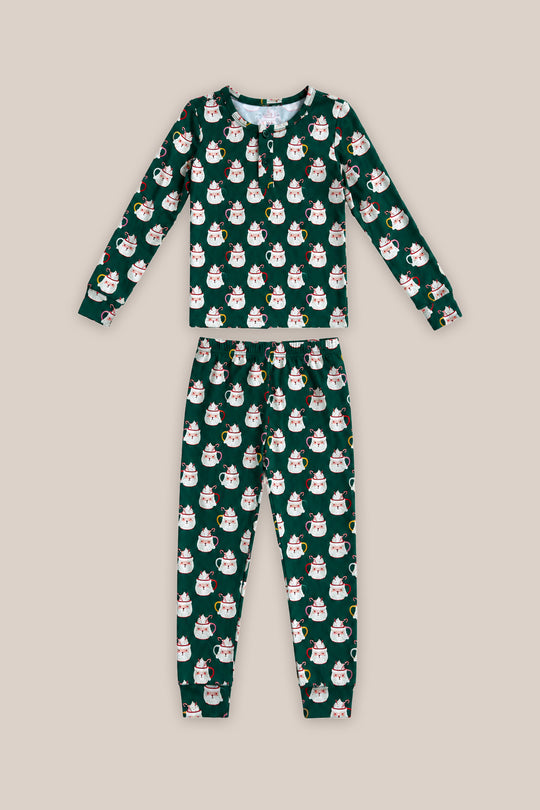 Kids So Soft Pajama Set in Very Merry Santa by Ivy City Co: dark green, long sleeves and pants, features white cat faces in red Santa hats—perfect for family matching Christmas Eve pajamas.