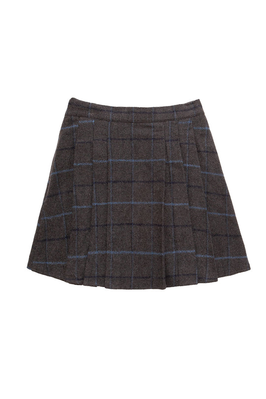 The Kinley Skirt in Charcoal Plaid by Ivy City Co features a gray, blue, and black plaid pattern in a cozy wool blend, shown laid flat on a white background.