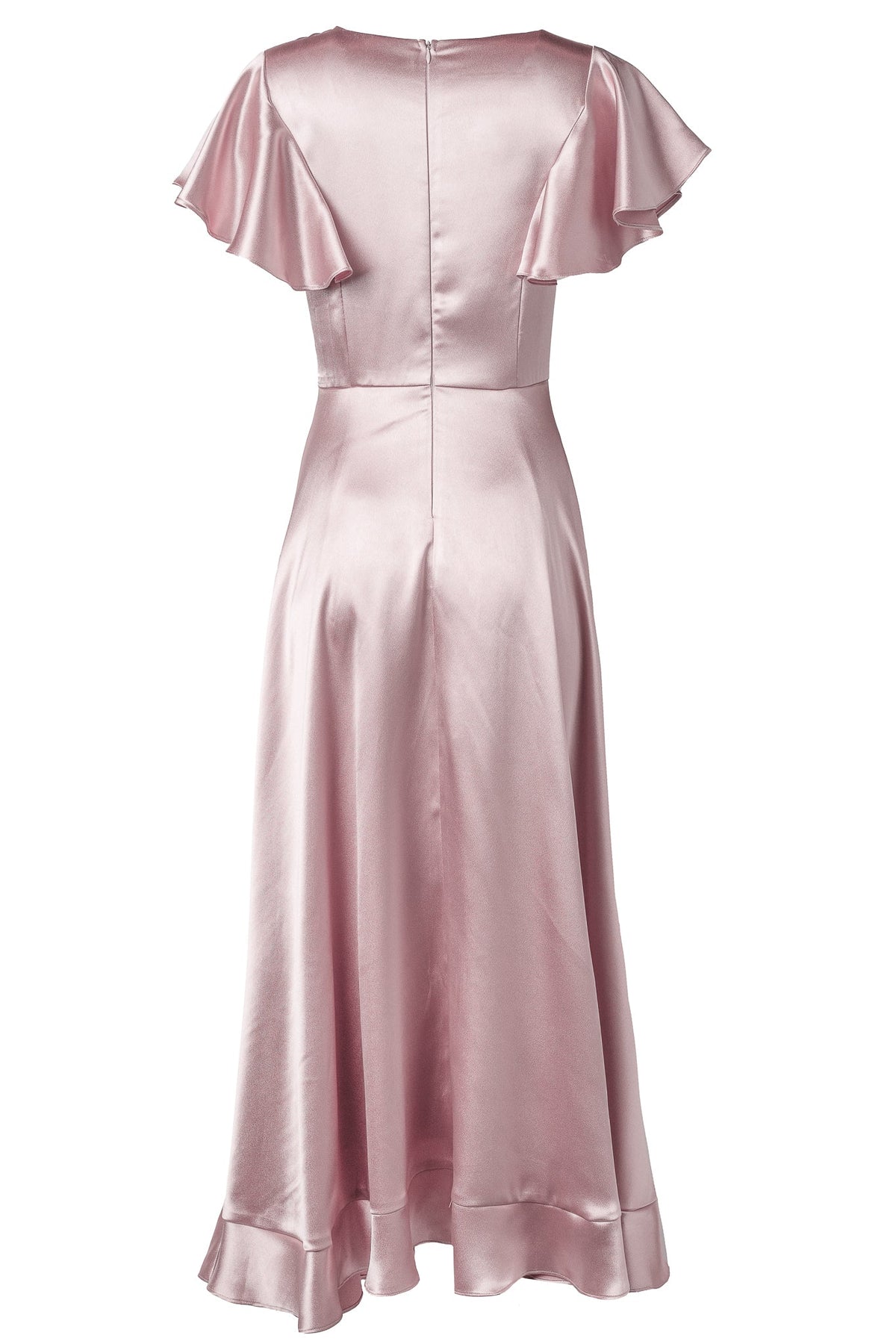 Back view of the Ivy City Co Callie Dress in Blush Satin, showcasing short flutter sleeves, a fitted waist, and a flared hemline. This dress features a smooth, shiny satin texture and a convenient back zipper closure.